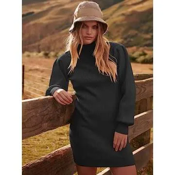 ANRABESS Women Long Sleeve Turtle Mock Neck Rib Knit Stretch Slim Fitted Bodycon Sweater Mini Short Dress 2024 Fall Outfits Black Medium