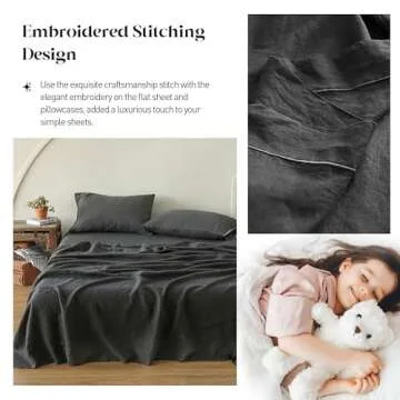 Simple&Opulence 100% Pure Linen Sheet Set Twin Size, Natural French Flax Solid Color 3 Pcs Washed Breathable, Farmhouse Bedding (1 Flat Sheet,1 Fitted Sheet,1 Pillowcase)-Embroidery Dark Grey