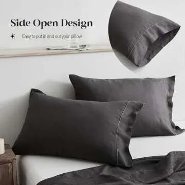 Simple&Opulence 100% Pure Linen Sheet Set Twin Size, Natural French Flax Solid Color 3 Pcs Washed Breathable, Farmhouse Bedding (1 Flat Sheet,1 Fitted Sheet,1 Pillowcase)-Embroidery Dark Grey