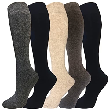 Warm Knee High Cotton Socks for Winter - 5 Pack Mixed Colors