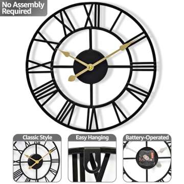 Sorbus Large Wall Clock for Living Room Decor - 24 inch Big Wall Clock Decorative - Battery Operated - Roman Numeral Analog Large Clock for Bedroom, Room, Home, Kitchen, Office, Wall Decor (Black)