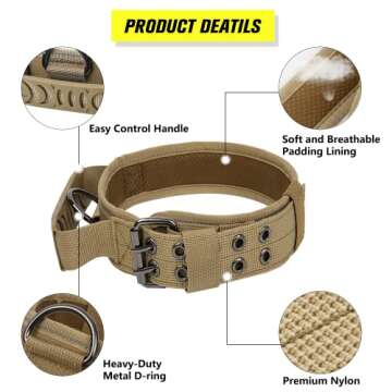 Tactical Dog Collar with Handle - Adjustable Heavy Duty Nylon Collar for Medium Large Dogs - with Pa...
