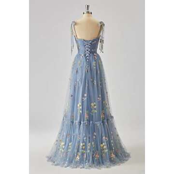 UZN Tulle Flower Embroidery Prom Dresses Long for Women Spaghetti Strap Ruched Floor Length Formal E...