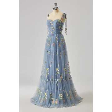 UZN Tulle Flower Embroidery Prom Dresses Long for Women Spaghetti Strap Ruched Floor Length Formal Evening Party Gown Blue Size 8