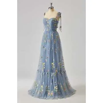 UZN Tulle Flower Embroidery Prom Dresses Long for Women Spaghetti Strap Ruched Floor Length Formal Evening Party Gown Blue Size 8