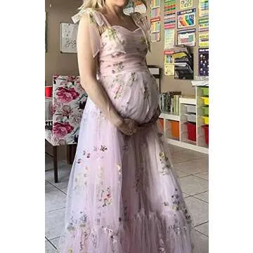 UZN Tulle Flower Embroidery Prom Dresses Long for Women Spaghetti Strap Ruched Floor Length Formal Evening Party Gown Blue Size 8