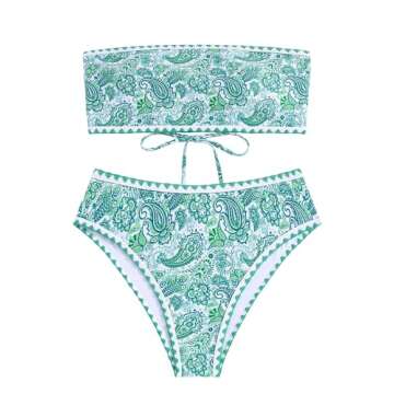 ZAFUL Women Strapless Textured Bandeau Bikini 2 Piece Swimwear Cheeky Solid Lace up Bathing Suits(8-...