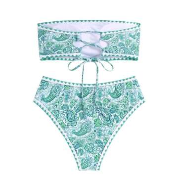 ZAFUL Women Strapless Textured Bandeau Bikini 2 Piece Swimwear Cheeky Solid Lace up Bathing Suits(8-Green Print,M)