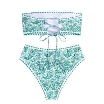 ZAFUL Women Strapless Textured Bandeau Bikini 2 Piece Swimwear Cheeky Solid Lace up Bathing Suits(8-Green Print,M)