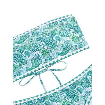 ZAFUL Women Strapless Textured Bandeau Bikini 2 Piece Swimwear Cheeky Solid Lace up Bathing Suits(8-Green Print,M)