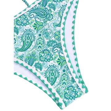 ZAFUL Women Strapless Textured Bandeau Bikini 2 Piece Swimwear Cheeky Solid Lace up Bathing Suits(8-Green Print,M)