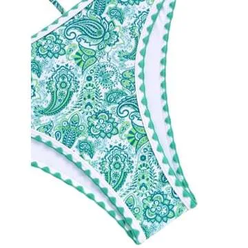 ZAFUL Women Strapless Textured Bandeau Bikini 2 Piece Swimwear Cheeky Solid Lace up Bathing Suits(8-Green Print,M)