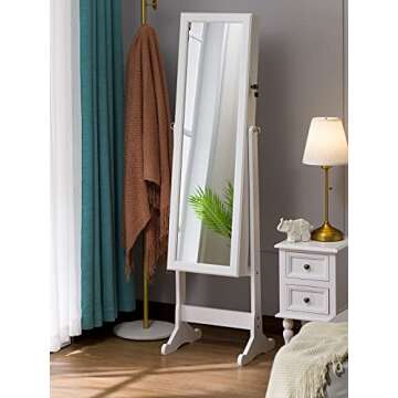 LUXFURNI LED Light Jewelry Cabinet Armoire, Standing Mirror Makeup Lockable Large Storage Organizer w/Drawers (White)