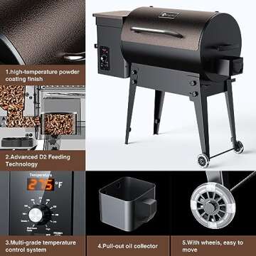 KingChii Portable Electric Wood Pellet Grill & Smoker with Foldable Legs, 456 SQ.IN Grill Capacity, with PID Temperature Control (180-425°F) for Backyard Camping Bake and Roast, Black with Cover