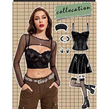 Avidlove Black Long Sleeve Shirt Women Crop Top Fishnet Shirt O Neck for Club Party M