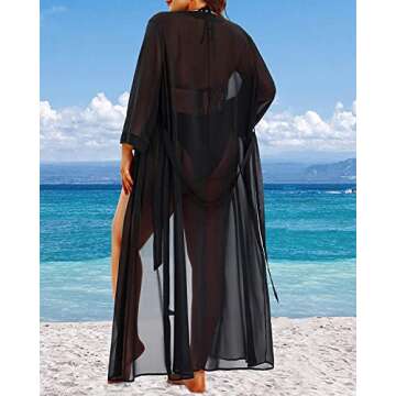 Pinup Fashion Plus Size Bathing Suit Cover Up Black Kimono Cardigans Long Tie Front Beachwear 14W-24...