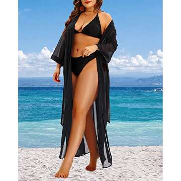 Pinup Fashion Plus Size Bathing Suit Cover Up Black Kimono Cardigans Long Tie Front Beachwear 14W-24W