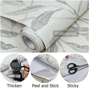 Sevalo Leaf Wallpaper Leaves Contact Paper Peel and Stick Wallpaper Boho Contact Paper for Cabinets Drawers Greenery Self-Adhesive Removable Wallpaper Bathroom Olive Farmhouse Nature 17.3inW 393inL