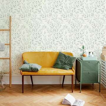 Sevalo Leaf Wallpaper Leaves Contact Paper Peel and Stick Wallpaper Boho Contact Paper for Cabinets Drawers Greenery Self-Adhesive Removable Wallpaper Bathroom Olive Farmhouse Nature 17.3inW 393inL