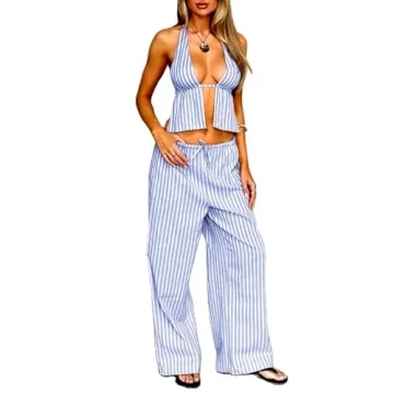 TUWIXIUW Women 2 Piece Outfits Tie Backless Crop Halter Top and Wide Leg Pants Suit Sexy Sleeveless ...