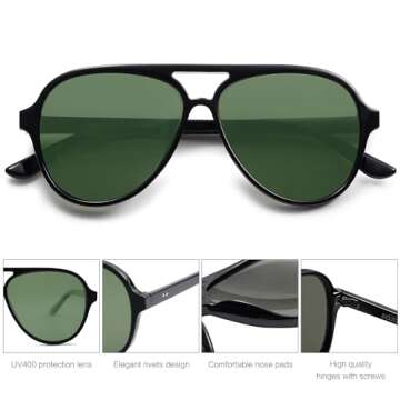 SOJOS Classic Polarized Aviator Sunglasses for Women Men, Retro Trendy Aviators Shades SJ2201, Shiny Black/Dark Green