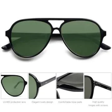 SOJOS Classic Polarized Aviator Sunglasses for Women Men, Retro Trendy Aviators Shades SJ2201, Shiny Black/Dark Green
