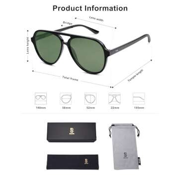 SOJOS Classic Polarized Aviator Sunglasses for Women Men, Retro Trendy Aviators Shades SJ2201, Shiny Black/Dark Green