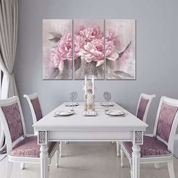 sechars 3 Piece Flower Wall Art Canvas Pink Peony Floral Painting Picture Vintage Blossom Art Prints for Living Room Girl Bedroom Decor for Living Framed Ready to Hang Each Piece 16x32inch