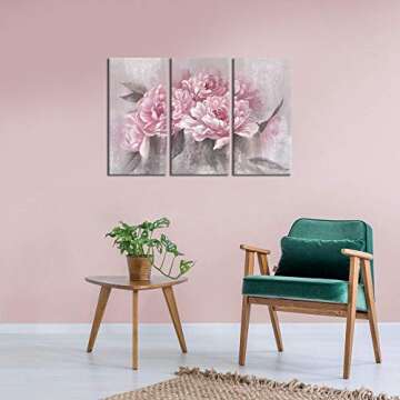 sechars 3 Piece Flower Wall Art Canvas Pink Peony Floral Painting Picture Vintage Blossom Art Prints for Living Room Girl Bedroom Decor for Living Framed Ready to Hang Each Piece 16x32inch