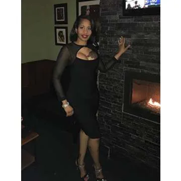 Maketina Women Midi Length Cut Out Keyhole Party Bodycon Bandage Dress with Transparent Long Sleeves Black S