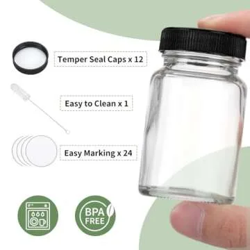 CUCUMI 12pcs 2oz Glass Jars With Lids, Small Mason Jars for Liquids, Wide Mouth Short Jars with Caps for Potion, Ginger Shots, Oils, with Waterproof Stickers and Brush