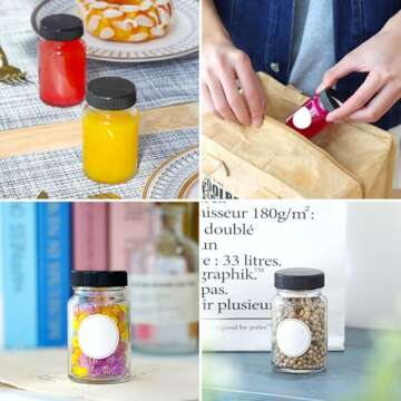 CUCUMI 12pcs 2oz Glass Jars With Lids, Small Mason Jars for Liquids, Wide Mouth Short Jars with Caps for Potion, Ginger Shots, Oils, with Waterproof Stickers and Brush