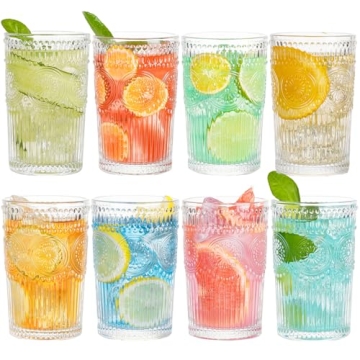 Claplante Vintage Highball Glasses, Set of 8 Glass Drinking Glasses, 13.5 oz Durable Drinkware Cups ...