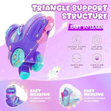 METROLLER Adjustable Kids Balance Roller Skates for Toddler Ages 3-6 Rainbow Unicorn Illuminating Rollerskates for Girls Ages 5-8 Three-Point Type Suitable for Beginners Children