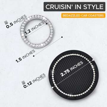 EcoNour 2.75 Inch Car Cup Holder Coasters (2 Pack) | Push Start Button Bling (1 Pack) | Anti-Slip Car Coasters | Bling Car Accessories for Women | Diamond Rhinestone Car Interior Accessories