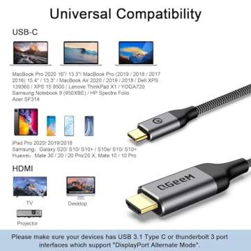 QGeeM USB C to HDMI Cable Adapter, Braided USB Type-c 4K@60Hz(Thunderbolt 3/4) Compatible for iPhone 15 Pro Max, iPad Pro,MacBook Pro, iMac, Pixel,Galaxy, Surface,Dell,HP,Thinkpad,HDMI USB-C.-6ft