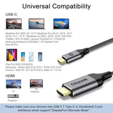 QGeeM USB C to HDMI Cable Adapter, Braided USB Type-c 4K@60Hz(Thunderbolt 3/4) Compatible for iPhone 15 Pro Max, iPad Pro,MacBook Pro, iMac, Pixel,Galaxy, Surface,Dell,HP,Thinkpad,HDMI USB-C.-6ft