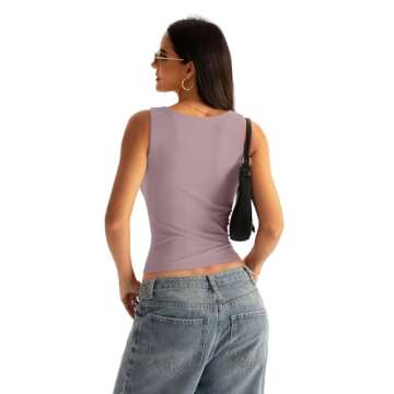 Eachyes Womens Boat Neck Seamless Tank Tops Sleeveless Double Layering Shirts Basic Going Out Tops Summer Outfits Dusky Pink Large