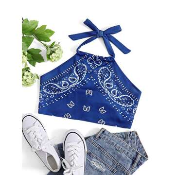 SweatyRocks Women's Vintage Print Halter Neck Crop Top Royal Blue L