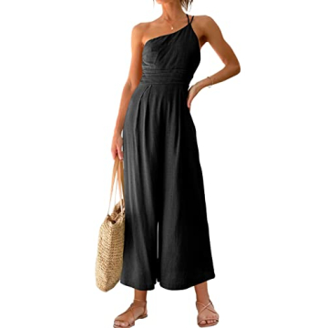 ANRABESS Women's Summer Straps One Shoulder High Waist Dressy Casual Wide Leg Linen Jumpsuit Romper ...