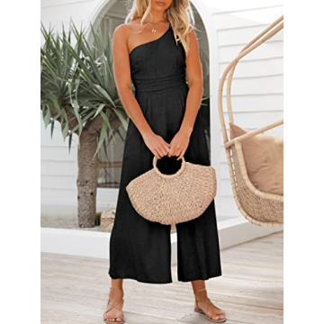 ANRABESS Women's Summer Straps One Shoulder High Waist Dressy Casual Wide Leg Linen Jumpsuit Romper Beach Travel Outfits Black Small