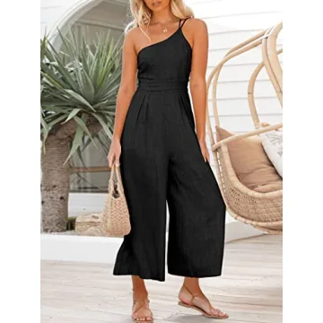 ANRABESS Women's Summer Straps One Shoulder High Waist Dressy Casual Wide Leg Linen Jumpsuit Romper Beach Travel Outfits Black Small