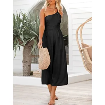 ANRABESS Women's Summer Straps One Shoulder High Waist Dressy Casual Wide Leg Linen Jumpsuit Romper Beach Travel Outfits Black Small