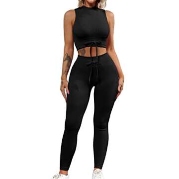 QINSEN Womens Yoga Leggings 2 Piece Outfits High Neck Running Sport Bra Seamless Butt Lifting Workout Leggings Black M