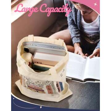 Miss Adola Aesthetic Canvas Tote Bag with Pattern for Women Trendy Casual Music Inspired Cloth Totes Bag for Shopping, Grocery, Gym, Cat on Floral Books