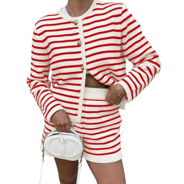MISSACTIVER Womens Sweater 2 Piece Outfits Trendy Striped Long Sleeve Button Down Knit Cardigan Shor...