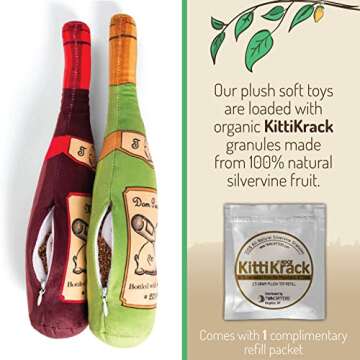 TWINCRITTERS KittiLush 2-Pack Organic Silvervine Catnip Substitute Toys for Cats & Kittens | 100% All-Natural Wild Harvested Silvervine | 2 Refillable Wine Bottle Plush Cat Toys