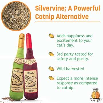TWINCRITTERS KittiLush 2-Pack Organic Silvervine Catnip Substitute Toys for Cats & Kittens | 100% All-Natural Wild Harvested Silvervine | 2 Refillable Wine Bottle Plush Cat Toys
