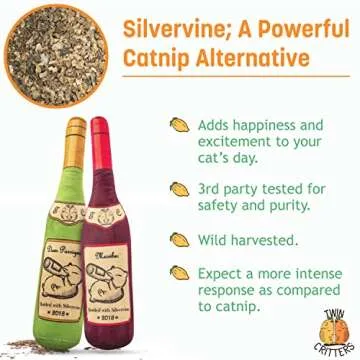 TWINCRITTERS KittiLush 2-Pack Organic Silvervine Catnip Substitute Toys for Cats & Kittens | 100% All-Natural Wild Harvested Silvervine | 2 Refillable Wine Bottle Plush Cat Toys