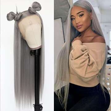 Lovestory Long Straight Synthetic Lace Front Wigs Heat Resistant Gray Wig Natural Hair Wig For Women...